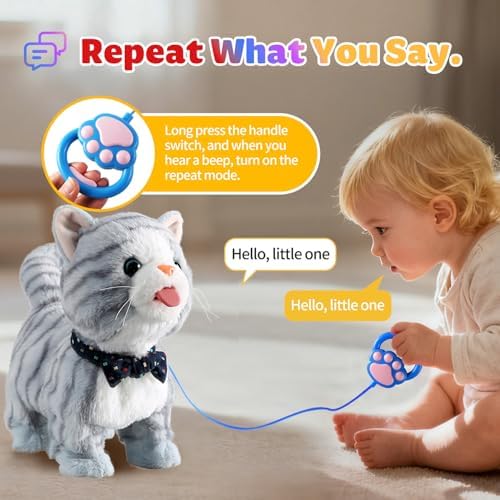 Gray Walking Cat Toy for Girls Kittens Interactive Talking Cat Meows Singing Dancing Mimicking Kitty Toys Set for Baby with Leash Plush Electronic Robot Kitties for Kids Toddlers