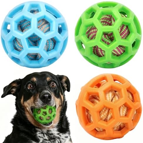 HGB 3.2" Dog Toy Ball for Aggressive Chewer, Tough Rubber, Cotton Rope Ball