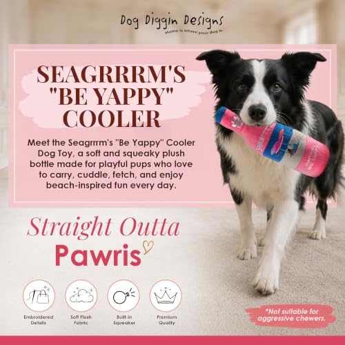 Dog Diggin Designs Seagrrrm’s “Be Yappy” Plush Dog Toy | Luxury-Inspired Parody Drink Bottle Dog Toy with Squeaker, Soft Plush Novelty Dog Toy – Shaken, Not Stirred!