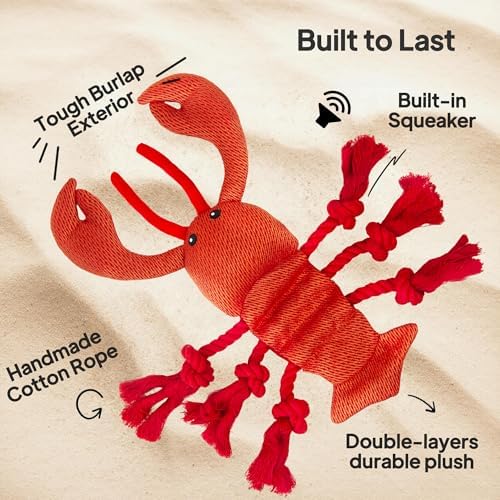 TwoEar Lobster Squeaky Dog Toys, Plush Chew Toy with Tug Rope