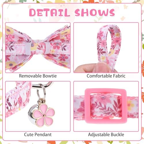 KOOLTAIL Cute Cat Collar Breakaway with Bow Tie and Bell, 3 Pack Adjustable Fancy Flower & Bee Kitten Collar with Charm Pendant & Safety Buckle for Girls Boys Kitty,Daisy & Sakura