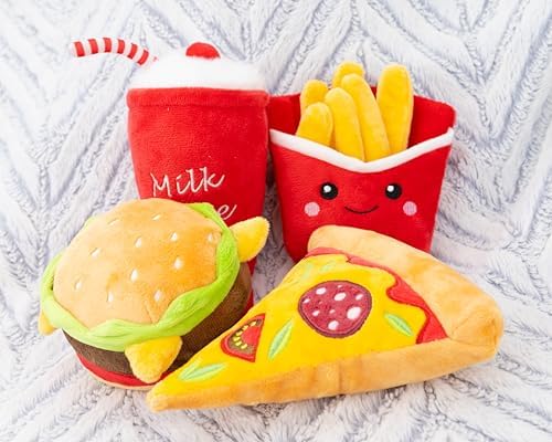 Plush Dog Toy Food Shaped Stuffed Pet Toys Puppy with Squeaker Crinkle Funny Cute Interactive Gift Relieve Anxiety Aggressive Play [4pcs] Fast Food Set