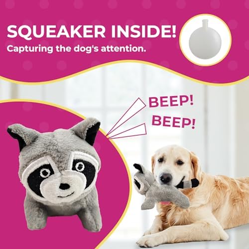 Glow Pups Hide and Seek Dog Toy, Interactive Plush Raccoon in Tree Burrow, Squeaky Woodland Style Dog Toys for Small Dogs, Mental Stimulation, Medium Size Tree with 4 Raccoon