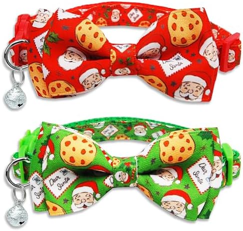 2 Pack Christmas Dear Santa & Cookie Mail Design Collars with Removable Bow Tie & Bell, Holiday Breakaway Safety Buckle Collar for Boys and Girls Kitties and Kitten(Red&Green)