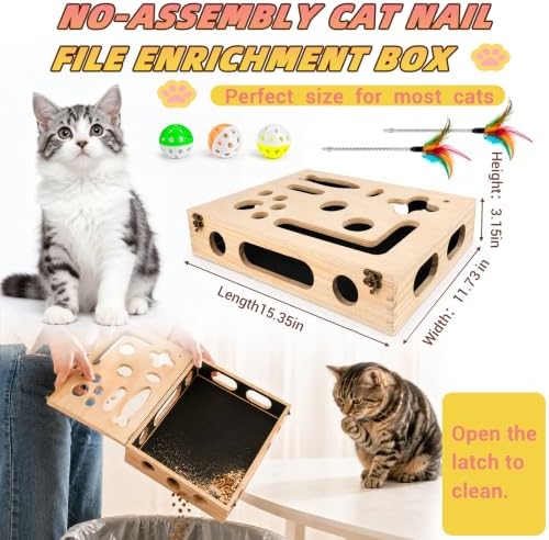 Cat Scratch Puzzle Enrichment Box, Interactive Cat Toy for 3 Balls & 2 Wand