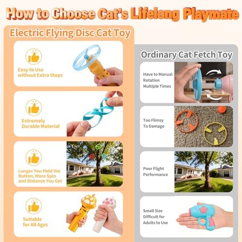 BABORUI Cat Toy Disc Launcher, Rechargeable Interactive Cat Fetch Toy Launcher with 8 Flying Discs, Flying Enrichment Toys for Indoor Bored Kittens & Adult Cats (Yellow)