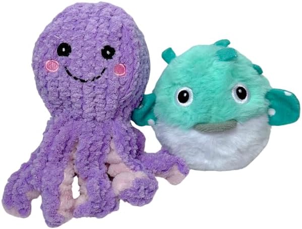 Patchwork Pet Destroyer Dog Toys, 4 inch Squeaky Prickly Rubber Ball, Purple Octopus and Teal Fish