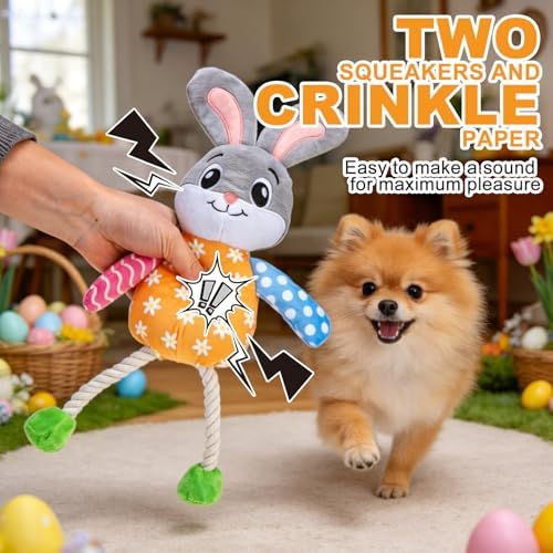 EXPAWLORER Dog Easter Toy, Easter Bunny Rabbit Squeaky Interactive Toys with Squeakers & Soft Durable Fabric to Keep Them Busy, Best Gift for Puppy Small Medium Large Dogs Training Rope Toy
