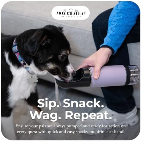 Mon Chateau 14oz Portable Dog Water Bottle with 4 oz Snack Storage, Double Walled Stainless Steel Body, Leak-Proof, Dishwasher Safe Pet Travel Bottle for Dogs, Cats & Outdoor Use, Lavender