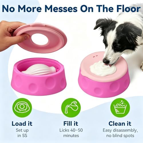 Dog Lick Bowl Ball Slow Feeder, Licking Bowl for Liquid Treat with Rolling Spin Sphere Roller Licker, Licky Feed Calming Anxiety Relief Enrichment Yogurt (Pink)