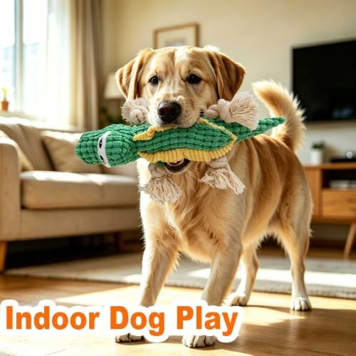 Green Crocodile Chew Plush Dog Toy, 14.2 in, Squeaker and Rope