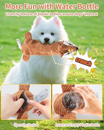 Dog Toys, Squeaky Plush No Stuffing Crinkle Dog Toy for Small Medium Large Dogs, Interactive Puppy Teething Water Bottle Dog Chew Toy (Squirrel)