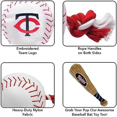 Pets First MLB Minnesota Twins Baseball Rope Toy for Dogs & Cats. Tough Nylon, Sporty Baseball Design, Heavy-Duty Ropes with Inner Squeaker