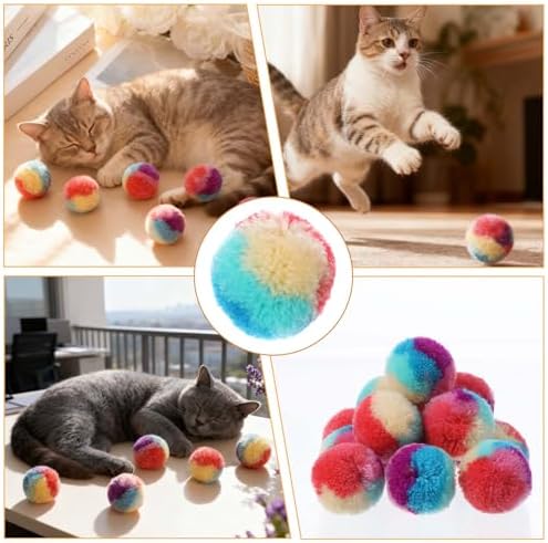 Xindojuz 20 PCS Cat Pom Pom Balls, Assorted Color Fur Toy Kitty Yarn Puffs, Small Plush Interactive Soft Fuzzy Kitty Toy Balls for Indoor Pet Cat Kitten Teething, Chasing & Self Play, 0.98 Inch