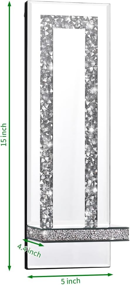 Mirrored Wall Candle Sconces Holder Set of 2, Wall Decor Living Room | Crystal Crushed Diamond Silver Wall Decorations, Ideal for Entryway, Hallway, Bedroom, Dining Room