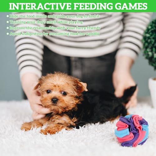 4 Packs Snuffle Ball for Dogs, Sniffle Interactive Treat Ball, Stress Relief, Slow Feeder, Puzzle Toy for Small Medium Dogs Cats, Soft Polar Fleece, Rainbow, Orange, Pink Blue & Ocean Blue, 3.9 Inches