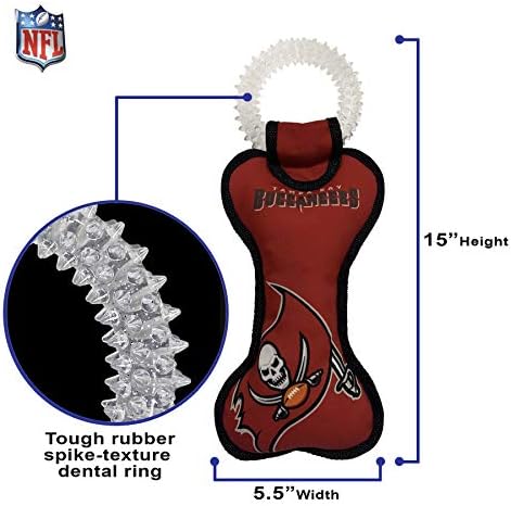 Pets First NFL Tampa Bay Buccaneers Football Dental Tough Dog TUG Bone Toy with Built-in Squeaker Attached to a Safe Rubber Teething Toothbrush PET Toy, Team Color, 14 x 5 (TBB-3310)
