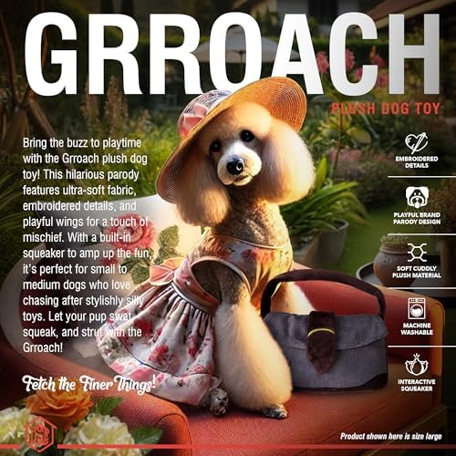Grrroach – Luxurious Parody Plush Dog Toy with Squeaker, Premium Fabric, Embroidered Details, Designer-Inspired Chew Toy, Fun Gift for Medium Dogs & Dog Lovers