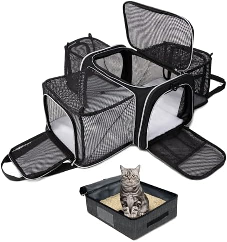 BAGLHER Expandable Cat Carrier with Travel Litter Box, Pet Travel 5 Sides Open Doors 3 Sides, Leak-Proof and Collapsible, for Car, Airplane Trip, Black