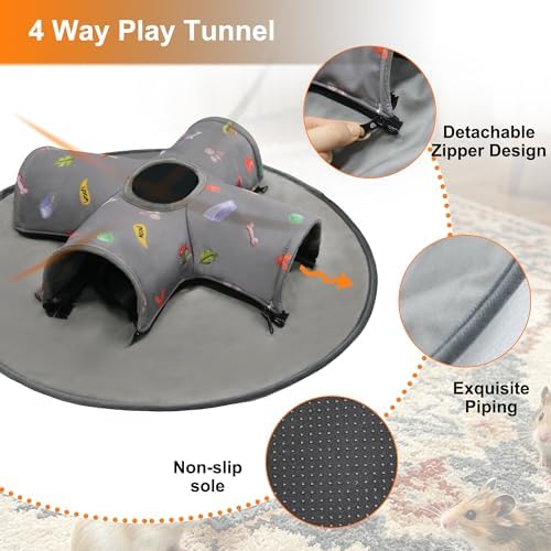 Small Pet Tunnel Bed with Top Peek Hole, 4-Way Hideout with Removable Washable Mat, Interactive Play Toy for Guinea Pig, Hamster, Rabbit, Chinchilla, Kitten