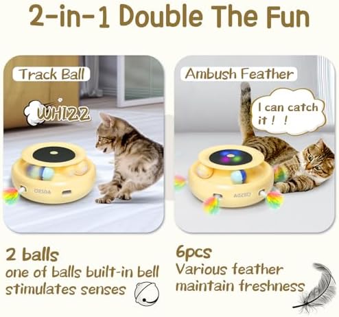 ORSDA Cat Toys 2-in-1 Interactive Cat Toys for Indoor Cats, Automatic Cat Toy Balls, Ambush Feather Kitten Toys with 6pcs Feathers, Dual Power Supplies, Adjustable Speed, Auto On/Off