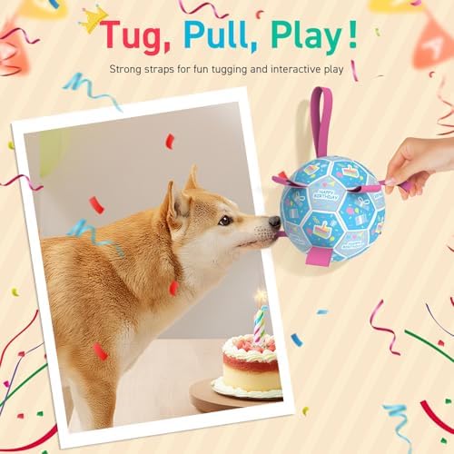 QDAN Dog Birthday Toys, Puppy Birthday Gifts, Dog Soccer Ball with Straps