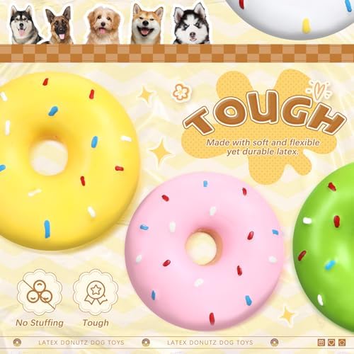 JellyArch 8 Pcs Latex Squeaky Dog Toys Donut Small Dogs Squeaky Chew Toys for Aggressive Chewers Soft Interactive Fetch Play No Stuffing Durable Teething Items for Small Puppy