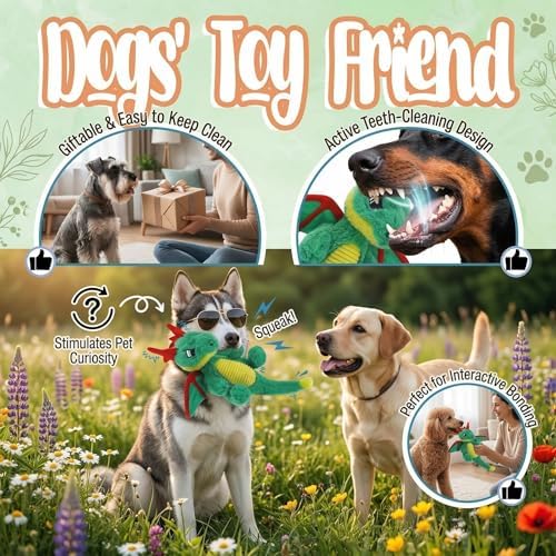 Original Dinosaur Dog Toy - Soft Plush Dog Toys for Small Medium Large Dogs（13.78''） - Cute Dog Squeak Toys with 5 Crinckle Papers & 2 Squeakers (Green)