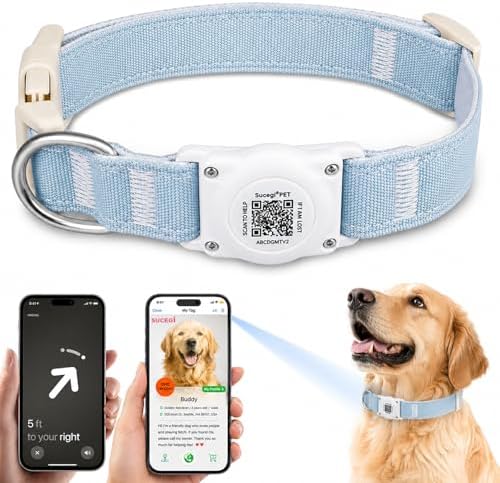 AirTag Dog Collar with QR Code ID, Dog Collar with Air Tag Holder, Blue, L