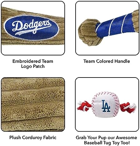 MLB Los Angeles Dodgers Baseball Bat Toy for DOGS & CATS. Soft Corduroy Plush Dog Toy with Inner SQUEAKER, MLB Chew Toys for Dogs or Cats. Durable Fun Interactive Dog Toy with Team Names and Logo