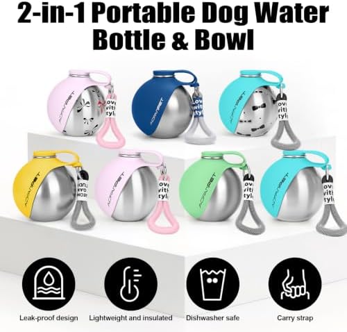 Portable Dog Water Bottle 10oz Stainless Steel Travel Dog Water Dispenser with Bowl No-Spill Puppy Water Bottle for Walking Hiking Small Dog Water Bottle (Sapphire Blue)