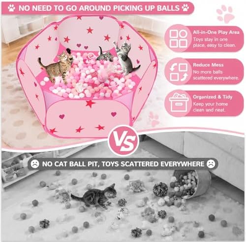 Cat Ball Pit for Indoor Cats, Interactive Toys Set with Pom Pom Launcher