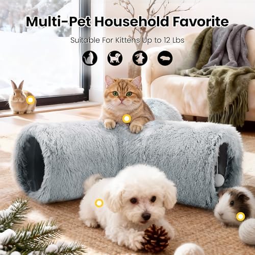 Tempcore Plush Cat Tunnel, 3-Way Collapsible Toy for Indoor Cats, Grey