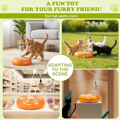 Puffluv Interactive Cat Toy,2 in 1Fruite Shape Toys with Electric Moving Concealed and Hanging Feathers Pop and Play Hide Seek, Hunting,Tpye-C Rechargeable-Orange