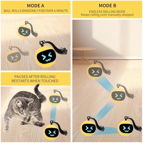 Electric Interactive Cat Feather Toy Ball for Indoor Cats,Turbo Tail Mouse Chase with LED Remote Control Cat Toy,Electric Automatic Moving Ball, Motion Activate Chirping Bird Sound Yellow