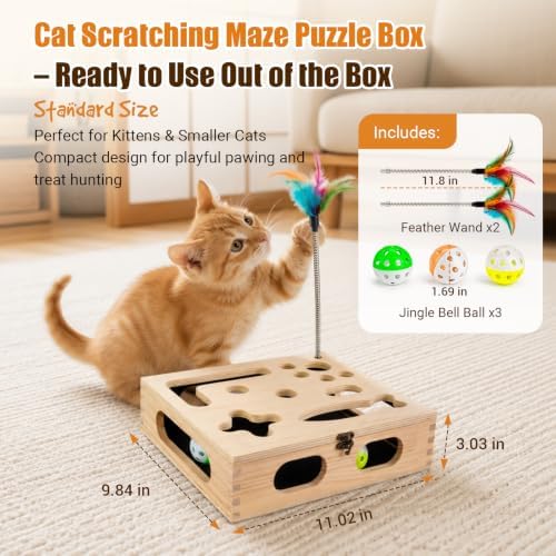 Cat Scratch Puzzle Enrichment Box, Wooden Interactive Toy for Indoor Cat