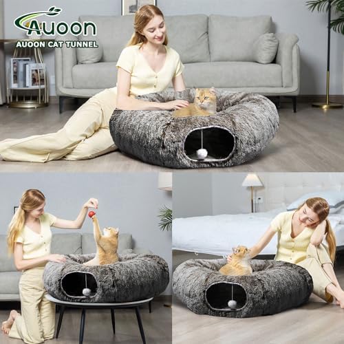 AUOON Plush Cat Tunnel Bed for Indoor Cats, 36" L x 36" W x 11.5" H, Brown