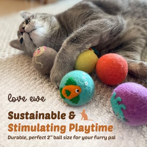Love Ewe Wool Cat Toys Ball 3 Pack, 2-inch Fish and Bird