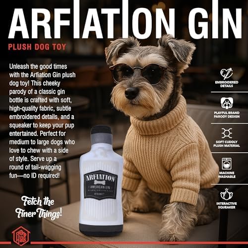 Arfiation Gin – Luxurious Parody Plush Dog Toy with Squeaker, Premium Fabric, Embroidered Details, Designer-Inspired Chew Toy, Fun Gift for Medium Dogs & Dog Lovers