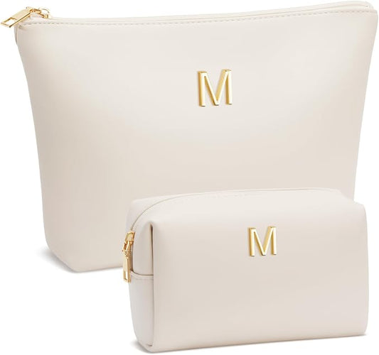Women Gifts | Initial Makeup Bag for Girl Personalized Gifts for Bridesmaid Friend PU Leather Cosmetic Travel Toiletry Bag(Beige,M)