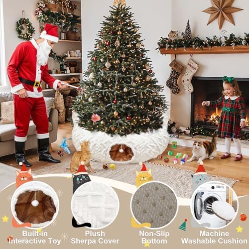 White Plush Christmas Cat Tunnel Tree Skirt with 11Pcs Interactive Cat Toys