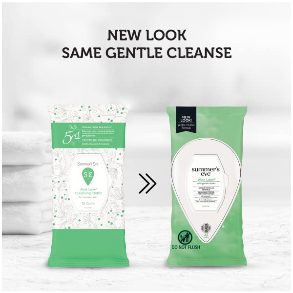 Summer’s Eve Aloe Love Feminine Cleansing Wipes, Daily Intimate Cloths, Removes Odor, pH Balanced, Gentle for Sensitive Skin, 32 Count (Pack of 3)