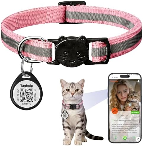 Reflective Cat Collar Breakaway with QR Code Tag for Girl Boy cat Name tag Kitten Collars with Bell Cat ID Tag Personalized Real-time scan alerts. (Pink)