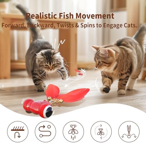 KiTiFISH 【2025 Upgrade】 Interactive Cat Toy, Automatic Cat Toy with Motion Activation, USB Rechargeable, Fast Rolling on Thin Carpet, Fun Exercise Toy for Indoor Cats, Durable Feather Tail and Bell