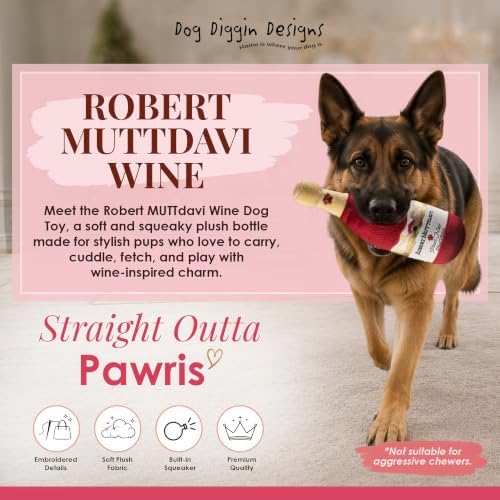 Dog Diggin Designs Robert MUTTdavi Wine Plush Dog Toy | Luxury-Inspired Parody Wine Bottle Dog Toy with Squeaker, Soft Plush Novelty Dog Toy – Shaken, Not Stirred!