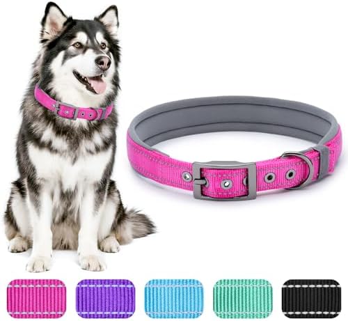 Segarty Reflective Pink Female Dog Collar for Neck 23-26.9in, Adjustable Wide Soft Comfortable Breathable Neoprene Padded Nylon Collar with Heavy Duty Metal Buckle for Extra Large Breed (XL, Hot Pink)