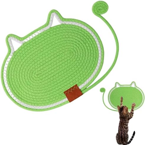 Cat Scratcher Mat Natural Cotton Rope Oval Horizontal Floor Cat Scratch Bed Pad with Ball Toy Protector for Furniture Floor Wall (Green, 1PC)