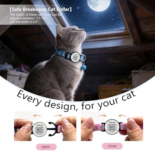 Cat Collar Breakaway with QR Code Name Tag, Reflective Kitten Collars with Bell, Cat ID Tag Personalized, Ultra-Durable, Adjustable, Quick Release, Fits Most Girl Boy Small Large Cats