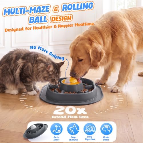 2-in-1 Slow Feeder Dog Bowl with Rolling Ball, Interactive Lick Bowl Toy for Dogs & Cats, Anti-Gulp Maze Feeder with Suction Base for Wet Food, Bone Broth & Treats, Anxiety Relief Enrichment Toy-Grey