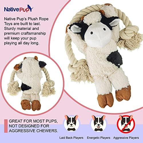 Native Pup Dog Toy Rope and Plush Stuffed Squeaker, Tug of War Toys for Dogs, Puppy Welcome Home Add on for Pets (Cow)
